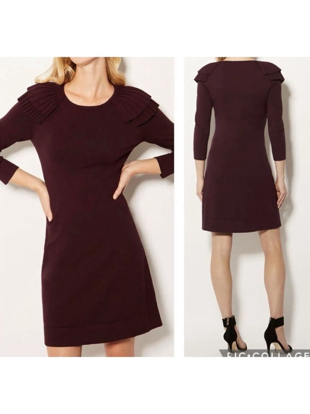 KAREN MILLEN Knit Dress Pleated Shoulder 3/4 Sleeve Knee Length Burgundy M